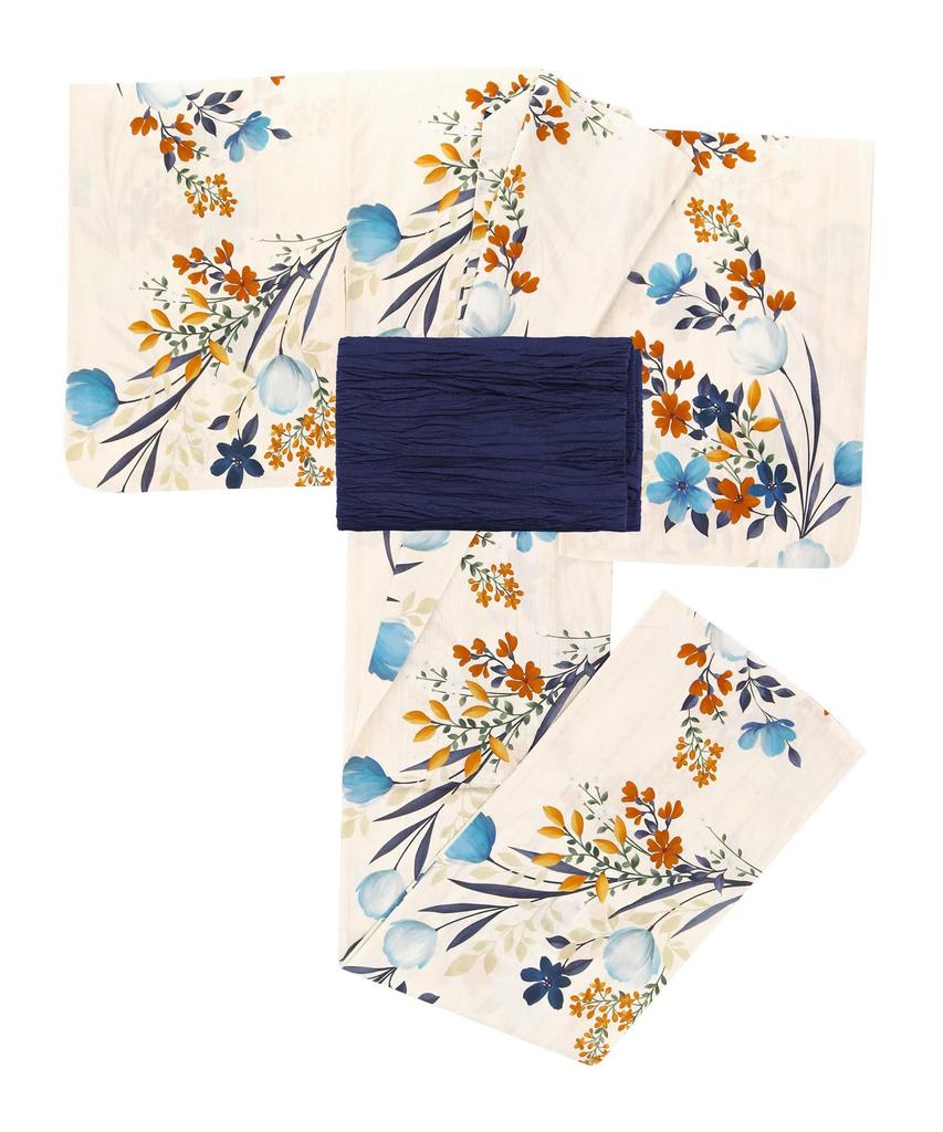 Yukata Set for Change 2 Piece Set Heiko Junior Girls H [KYOETSU] Girls, Ecru, Weave, (Yukata, Obi) (12.Blooming Bouquet, 130cm)