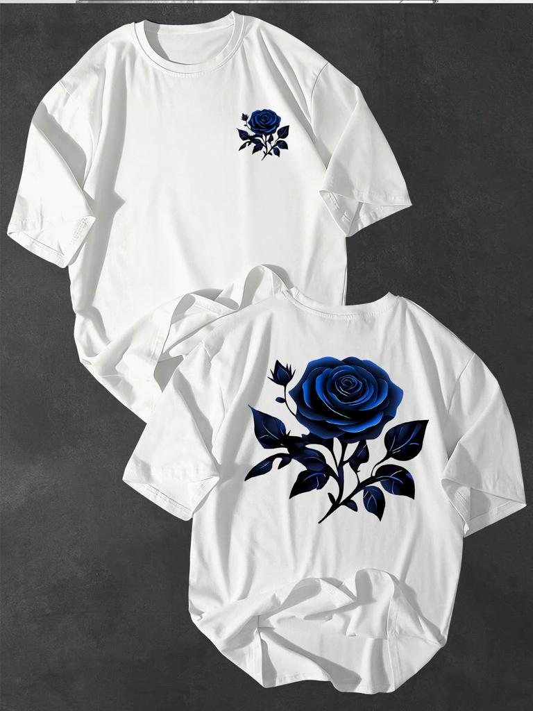 Stylish Unisexs TShirt With Blue Rose Print Casual Comfortable Loose Fit Versatile Simple Street Style