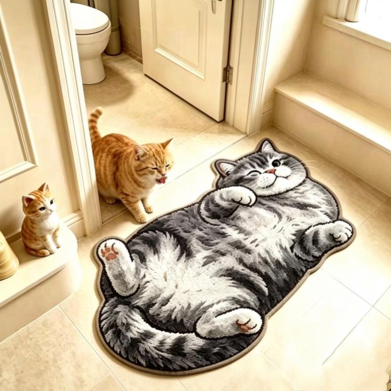 Cute Cartoon Lazy Cat-Shaped Rug Fun Creative Home Decor For Bedroom Beside Floor Mat Entrance Bathroom Washable Soft Carpet