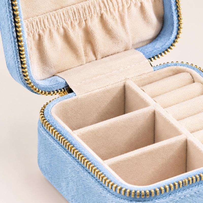 Travel Jewelry Case with Fabric Exterior, Wraparound Zipper, Base Compartments, Ring Rolls, and Elasticized Lid Pocket