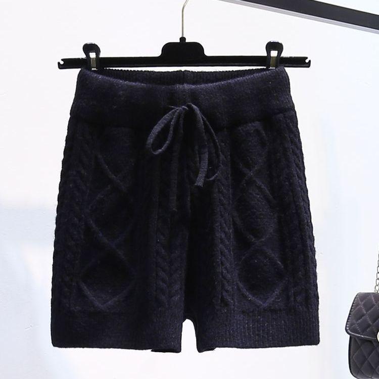 

Women s Braided Knit Shorts Solid Color High-waisted Diamond Knit Straight-leg Shorts Autumn Winter M чорний