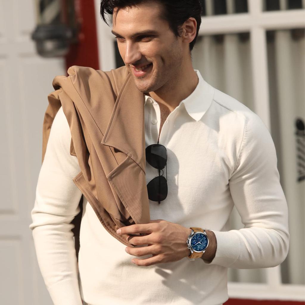 BENYAR Chronograph Watch with Leather and for Business and Formal Wear Men's Multi-Calendar Strap, Water-Resistant Scratch-Resistant Brown-Blue Dial,