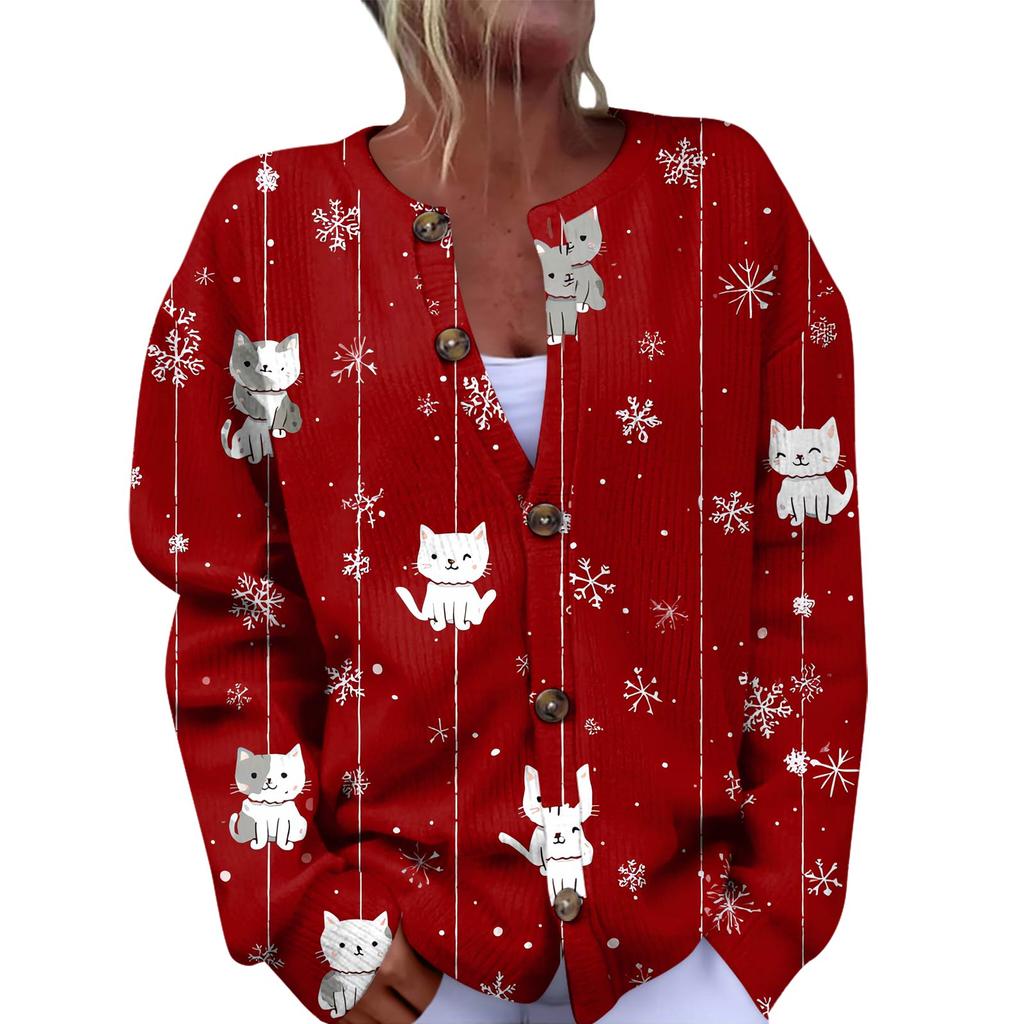 Women's Fashion Christmas Printed Long Sleeve Knitted Cardigan Button Down Jacket