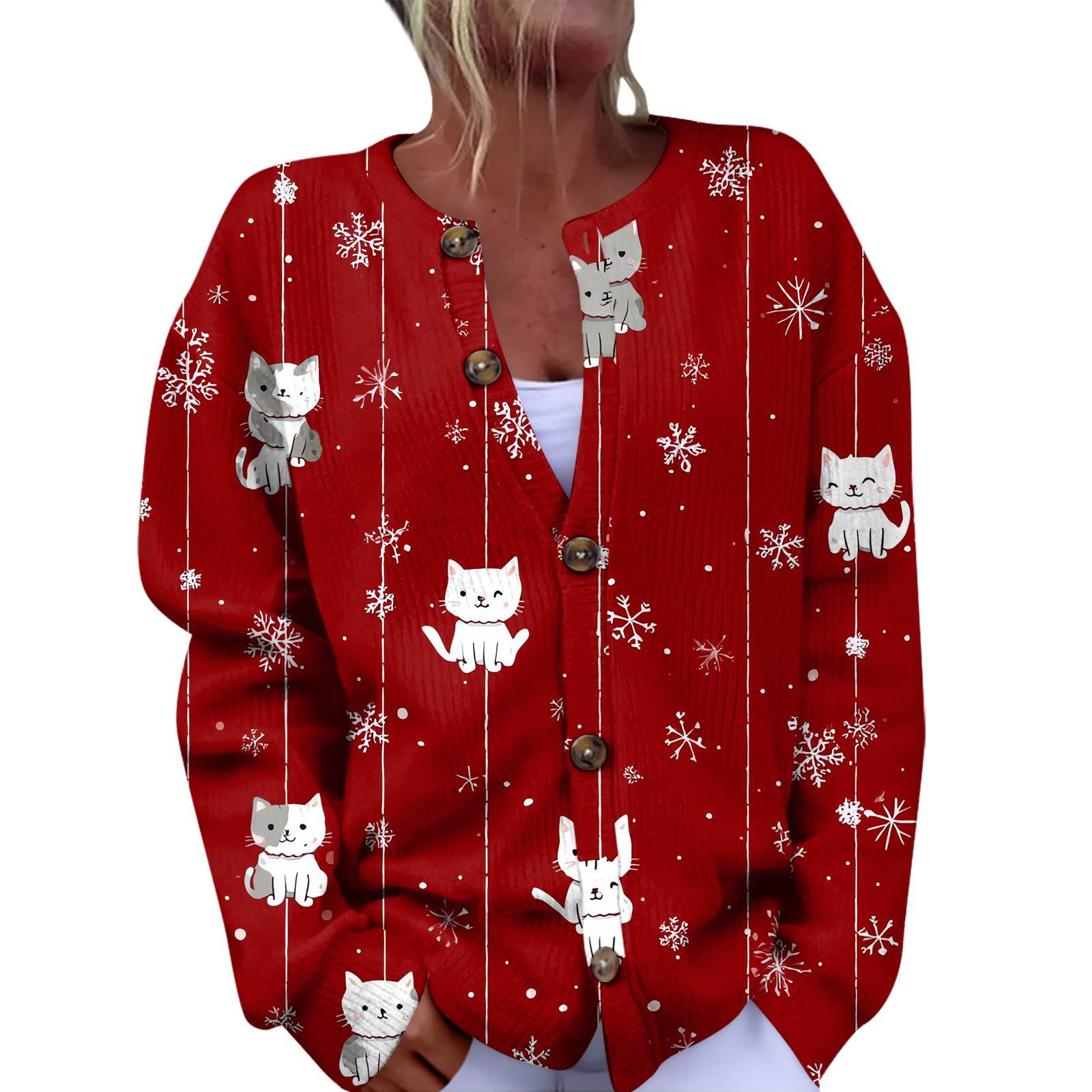 

Женская мода рождественский принт длинный рукав вязаный кардиган пуховик XL белый