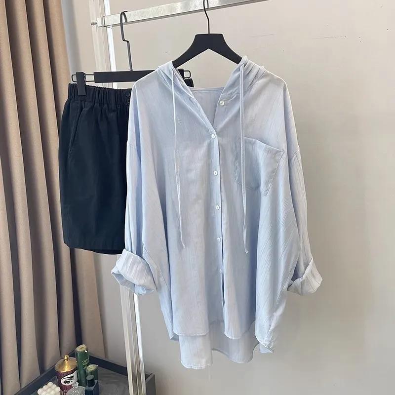 Summer Women White Hooded Shirt Loose Long Sleeve Button Down Blouse