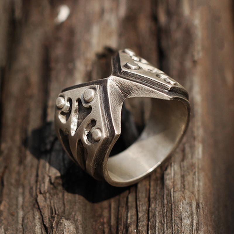 Adjustable Open Ring Men Women Sterling Vintage Geometric Carved Armor-Style Band Retro Industrial Fashion