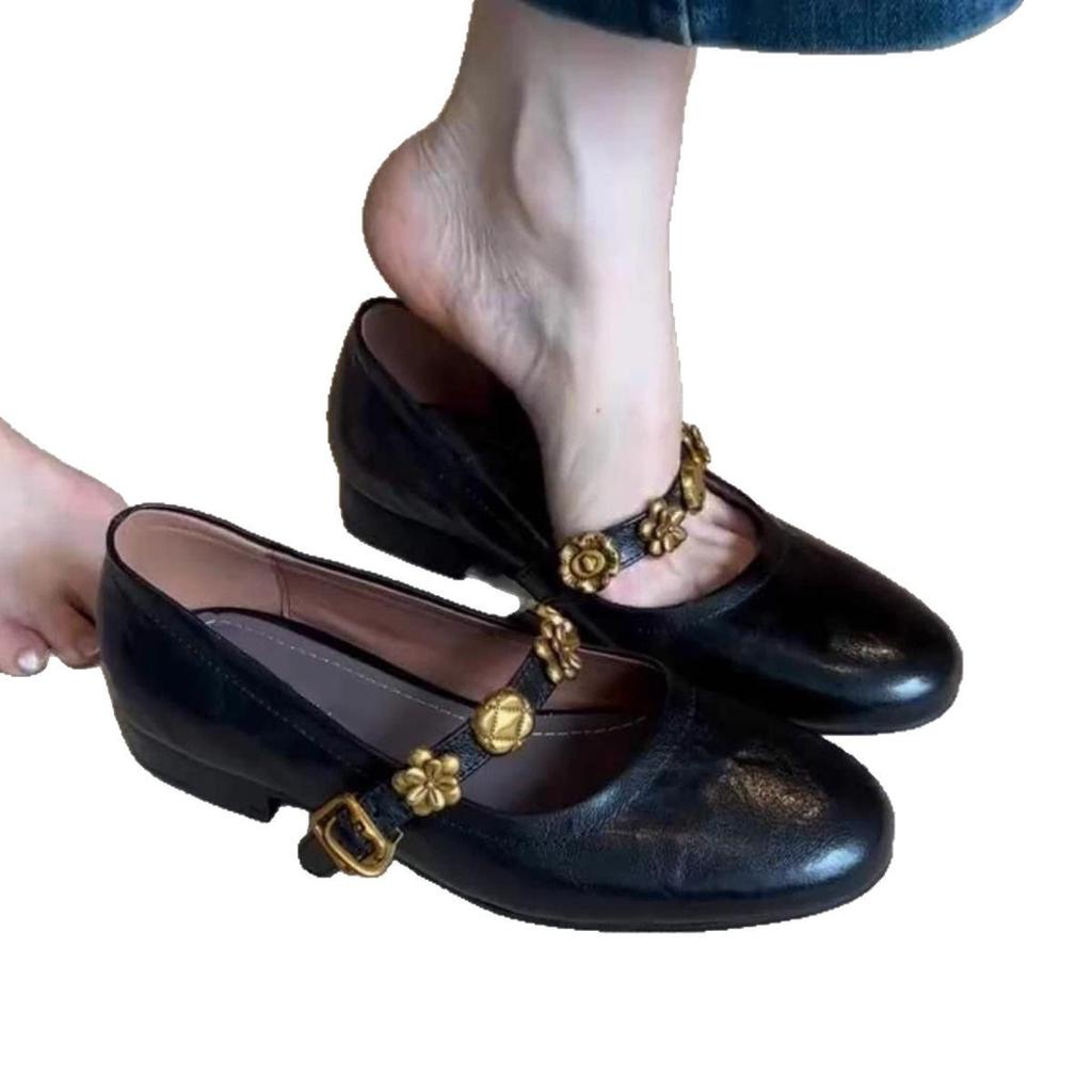 Sheepskin version~ Metal one-word buckle genuine leather Mary Jane shoes women's French shallow mouth single shoes low heel temperament ballet shoes