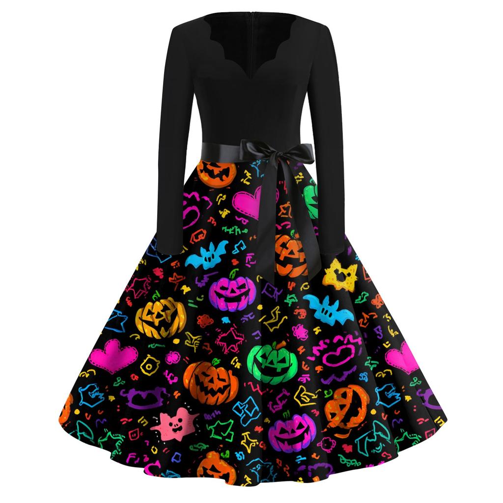 Women's Casual Fashion Halloween Printed V-Neck Vintage Dress