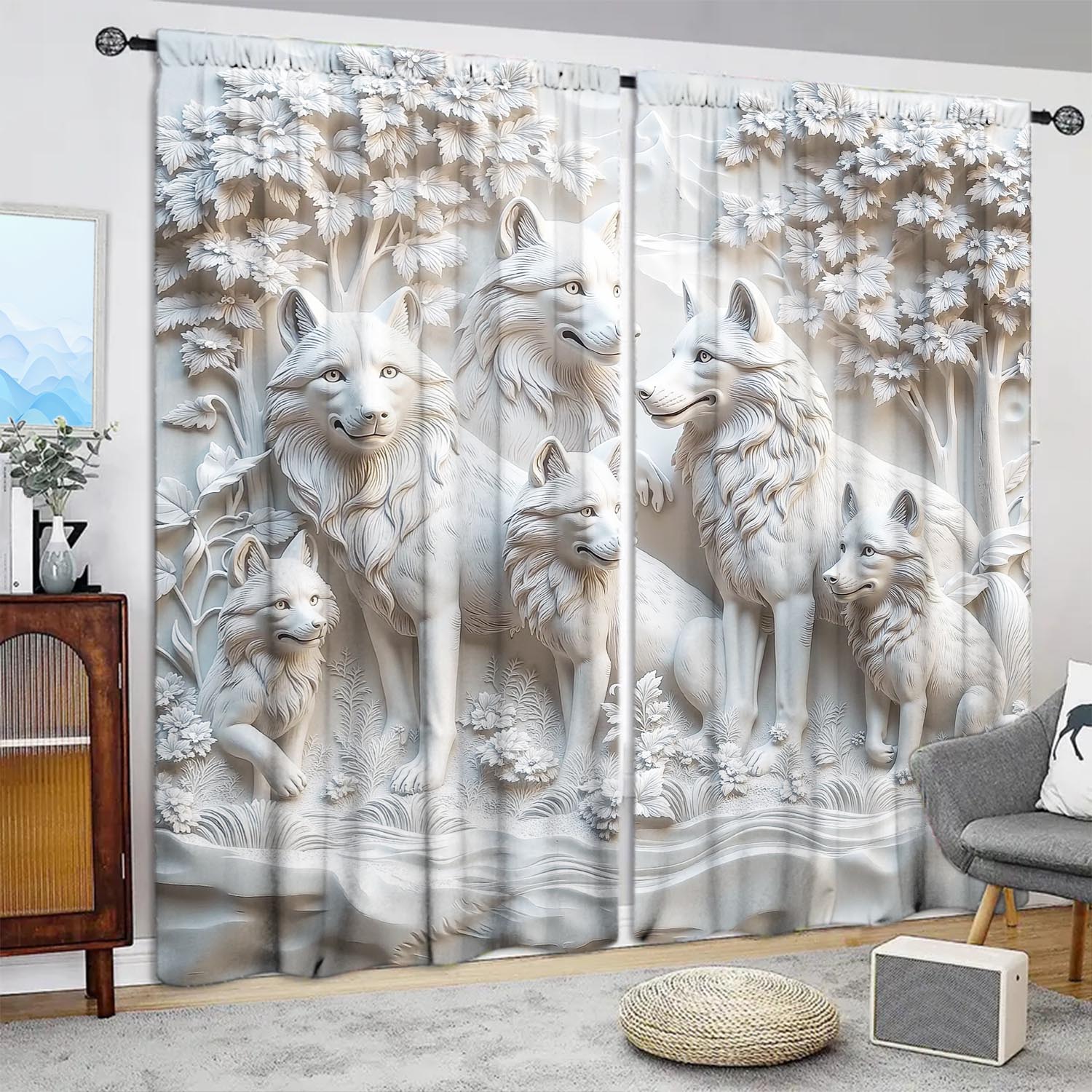 

Set Of 2 Stone Carved Wolf Decorative Curtains Heat Insulating Suitable Decorating Various Rooms Curtain Made Polyester W100*H70(CM)-Grommet top&2PCS