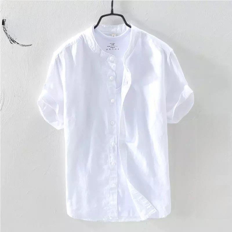 Men's Summer White Linen Shirt - Short-Sleeve, Stand-Up Collar, Japanese Business Casual Style, Loose Fit.