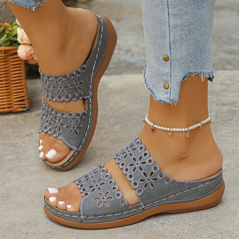 Hollow Out Flower Wedge Sandals Women Summer 2025 Soft Bottom Slip On Platform Slides Woman Plus Size 43 Heels Rome Shoes Woman