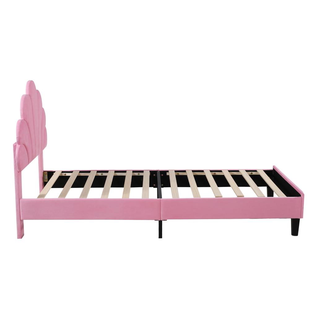 Upholstered Children's Bed 90 x 200 cm, Bed Frame with Flower-Shaped Headboard and Slatted Frame, Skin-Friendly Velvet Fabric, Guest Bed (Color: Pink)