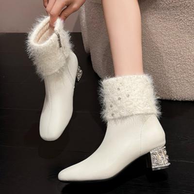 Damen Kristall Glitzer Pelz Knöchel Schneestiefel Luxus Eckige Zehe Fad Strick Plüsch Klobige Schuhe Winter Trend Elegant Botas Mujer
