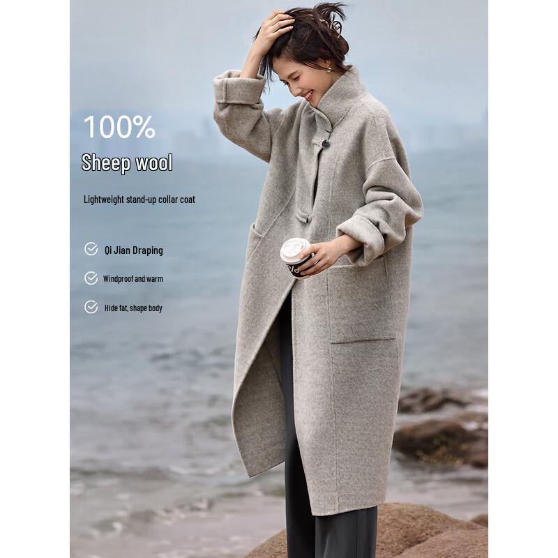 XWI Women's 100% Wool Stand Collar Double-Faced Winter Coat