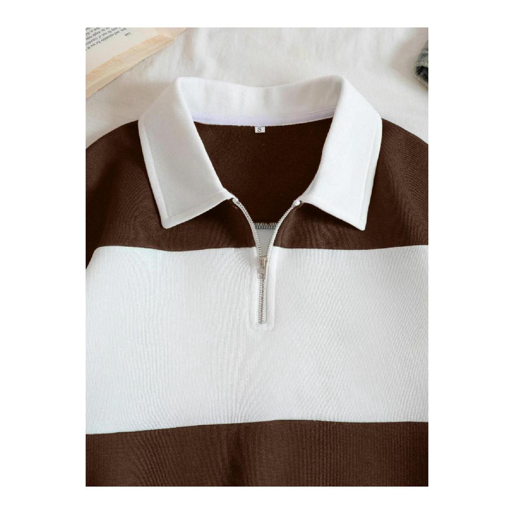 Unisex Green Striped Oversize Polo Neck Half Zipper Sweatshirt