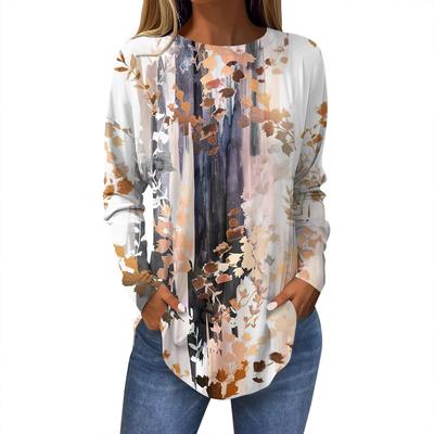 T-shirt da donna con stampa a foglie stampata in 3D alla moda a maniche lunghe con scollo rotondo top regular per vacanze weekend primavera e autunno