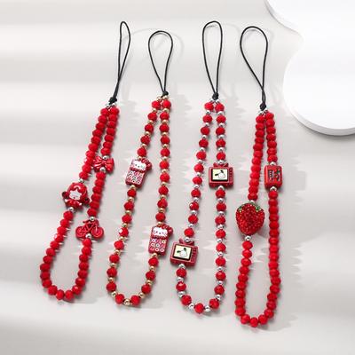 Divatos piros akril telefontok lánccal eper masni gyöngyös női mobiltelefon zsinór ékszer leejtésgátló telefon csuklópánt