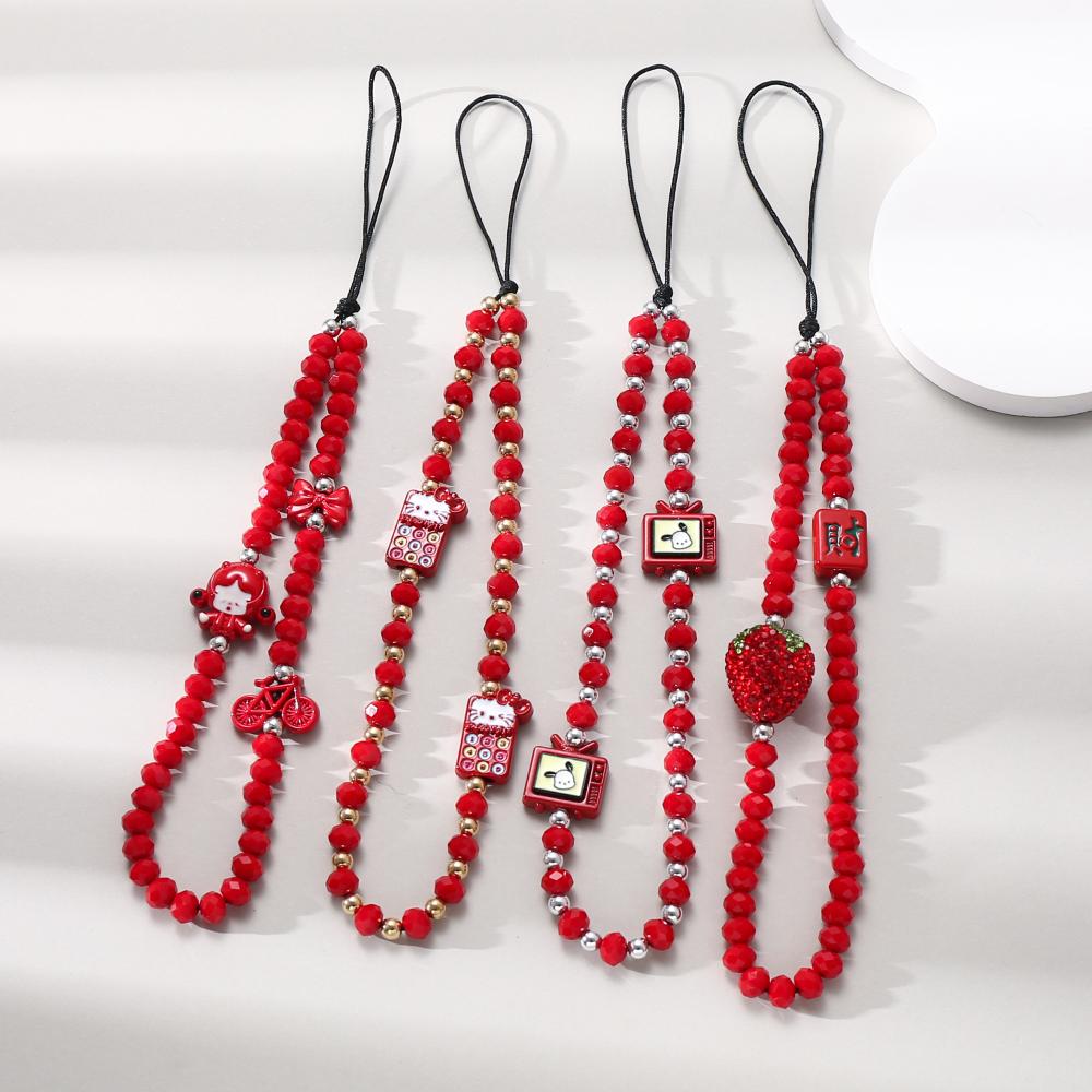 Fashion Red Acrylic Cellphone Case Chain Strawberry Bow Beaded Woman Mobile Phone Lanyard Jewelry For Anti-Drop Phone Wristband