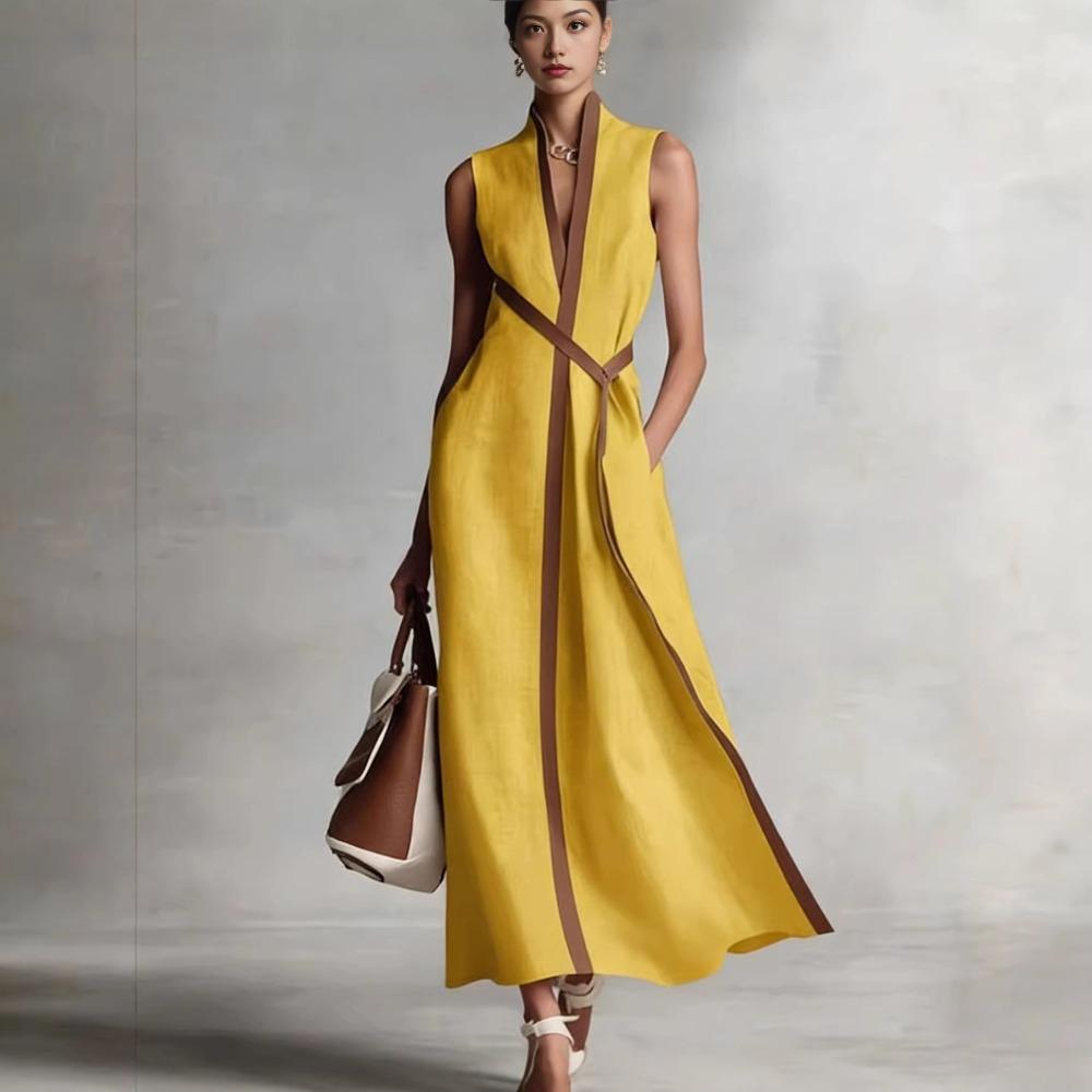 European and American summer stand-up collar sleeveless casual contrasting color loose dress