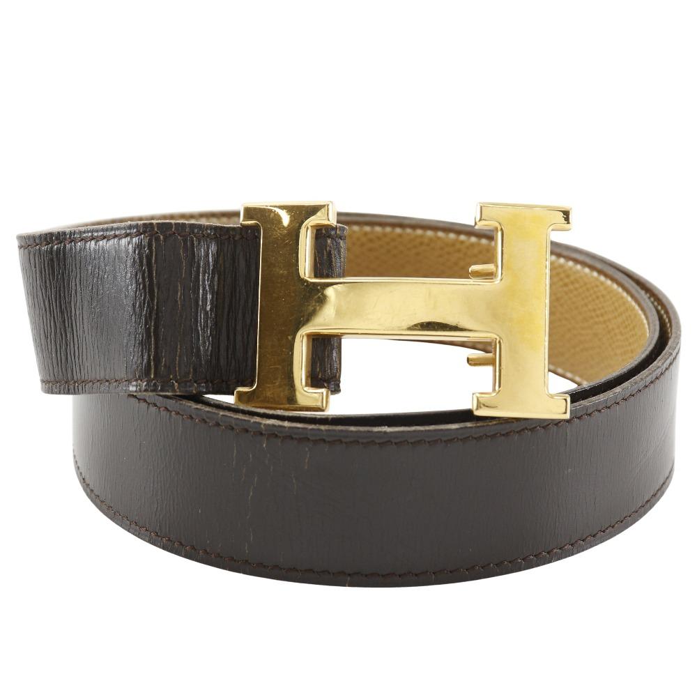 

HERMES H belt belt vintage reversible Brown / Beige leather/Plated Gold mens Used