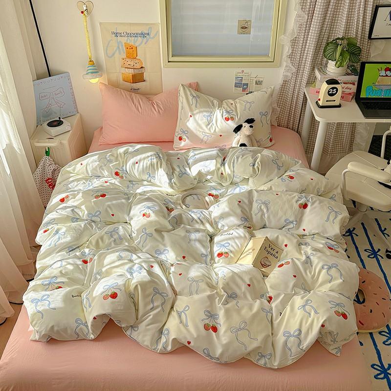 INS Cartoon Pattern Bedding Set For adults kids Fluffy pink lovely Flat Sheet With Pillowcases Colorful King Queen Full size