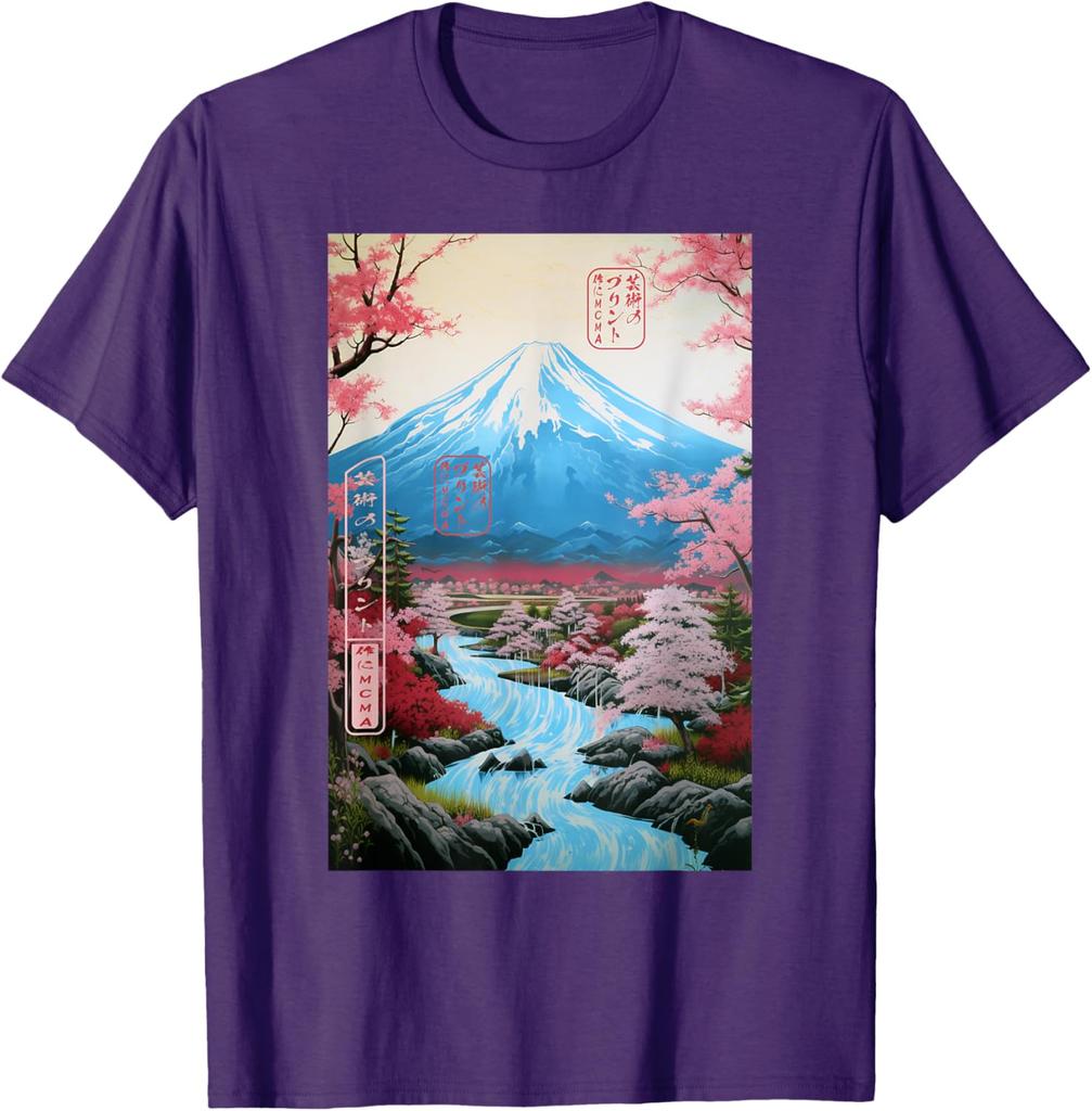 Mount Fuji Ukiyoe Cherry Blossom Graphic TShirt Soft Cotton Casual Short Sleeve Tee for Men