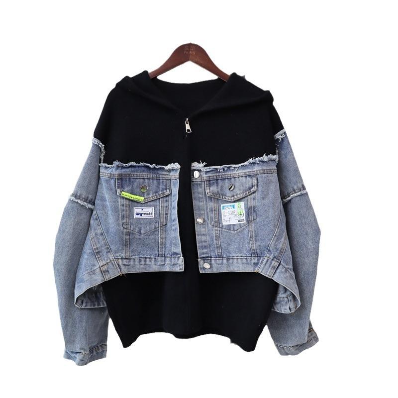 Hooded zipper splicing denim knitted double-sided cardigan autumn and winter new loose casual sweater jacket women