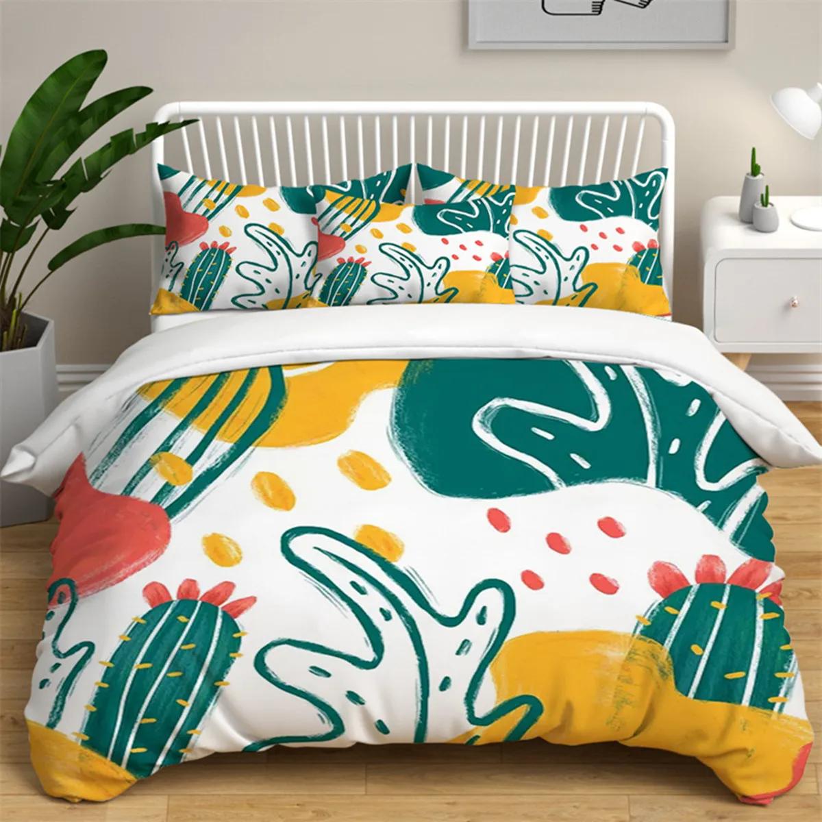 Cartoon Green Cactus Potted Duvet Cover Polyester Green Plant Cute Tropical Plant for Children Boy Girl for Bedroom Decorations 70x133cm 2pcs