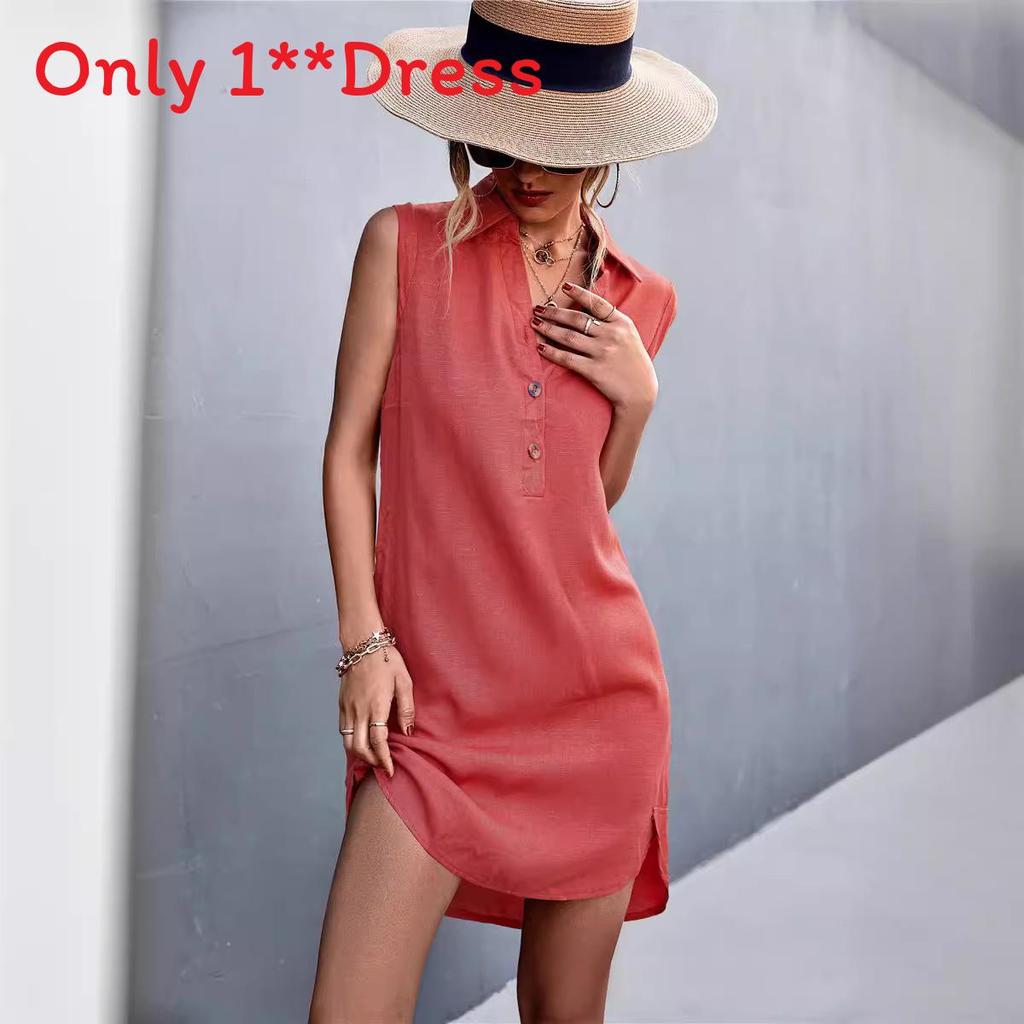 Classic Cotton Linen Sleeveless Dress With Button Details For Casual Summer Wear