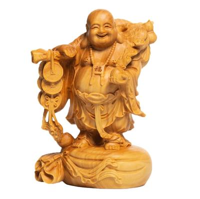 Wooden Carved Hotei Buddha Figurine from One of the Seven Lucky 10cm Amulet for Good Fortune and High-quality Boxwood, Gods, Tall.. Wealth.