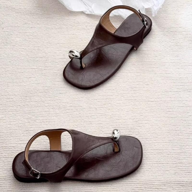 Fashion Summer Leather Women's Shoes Roman New Retro Vintage Metal Buckle Toe Herringbone Sandals Vacation Beach Elegant Women Sandals