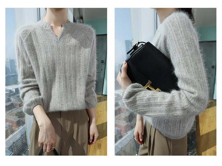 Women's Mink Cashmere V-Neck Sweater - Autumn/Winter 2025 Loose Fit, Short Solid Color, Knitted Wool Pullover Jumper