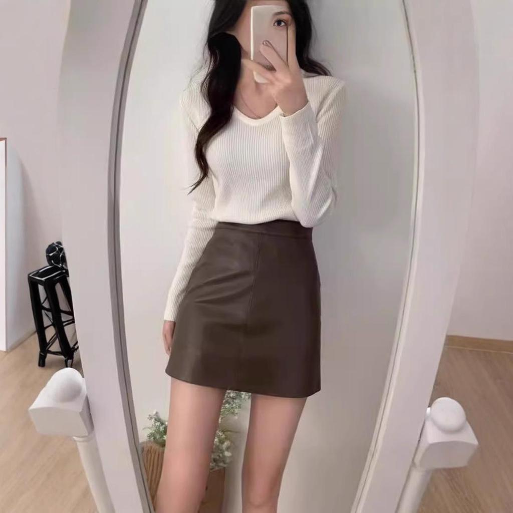 Damen Schwarzer PU-Leder A-Linien Minirock – Slim Fit, Vielseitiger Midi für Herbst/Winter