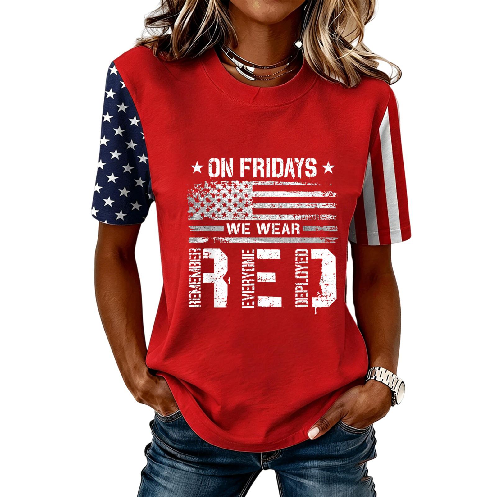 

Women Casual Short Sleeve T Shirt Crew Neck Letter Print Top Stars and Stripes Sleeve Design Comfortable Fit L синий