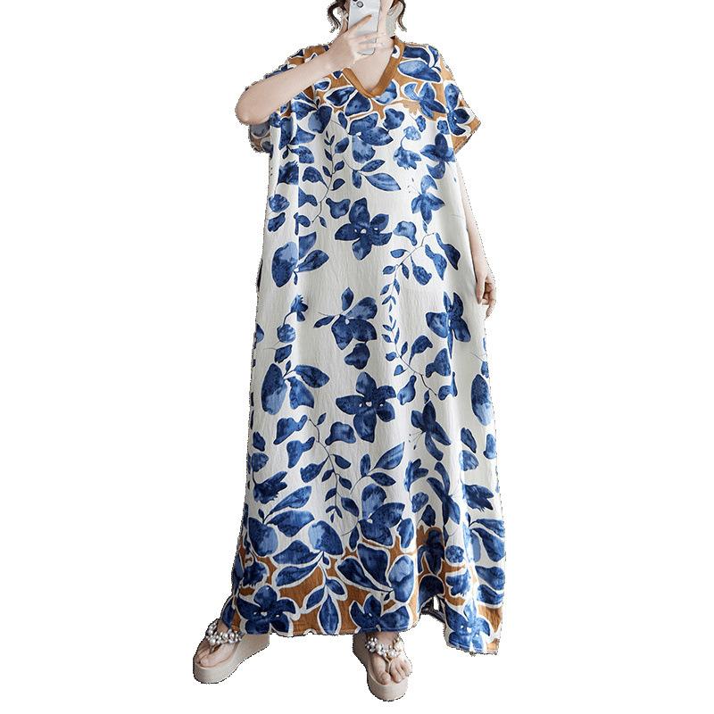 Summer New V-neck Color Slim Bohemian Vacation Vacation Vacation Dress 125kg Extra Long Robe