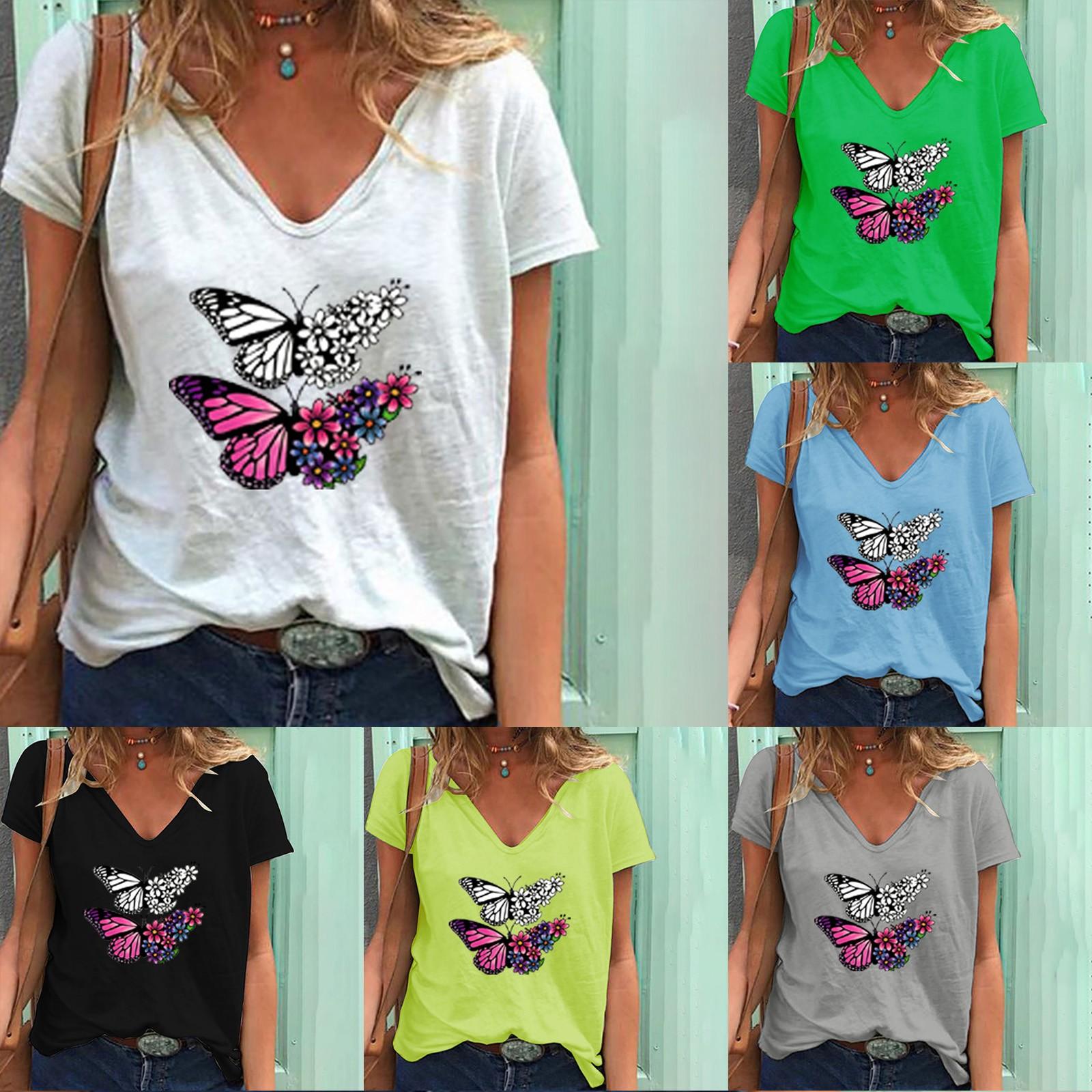 

Женская повседневная модная свободная футболка с v-образным вырезом и короткими рукавами с принтом