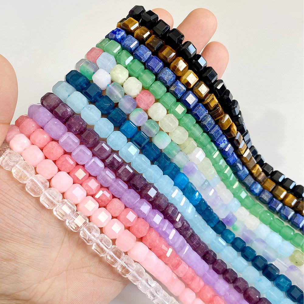7-8MM Faceted Square Shape Ruby Color Chalcedony Natural Stone Loose Cube Spacer Beads for Jewelry Making Diy Bracelet Accessory