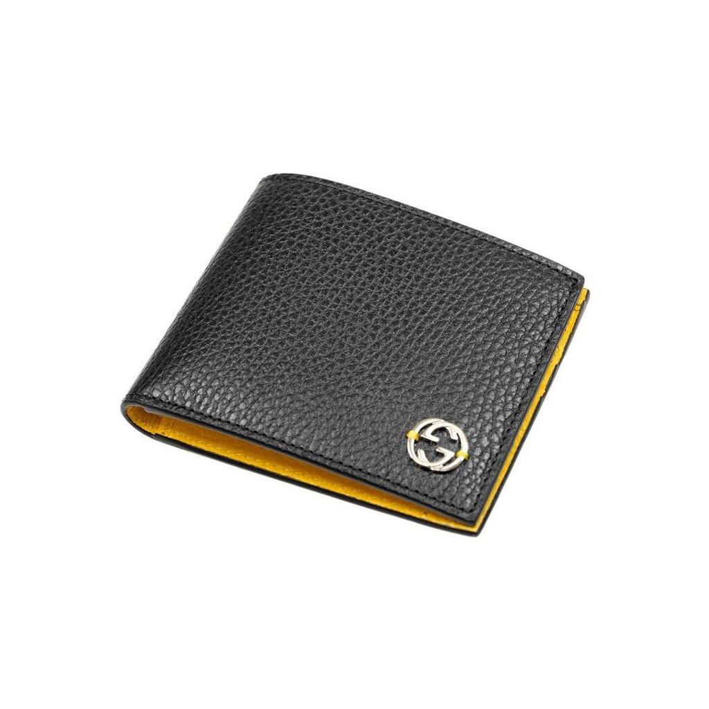 Gucci Interlocking G Bi-Fold Wallet Black Pebbled Leather Yellow Interior Silver Hardware Card Holder for Men Daily Use Business 610464-CAO2N-1041