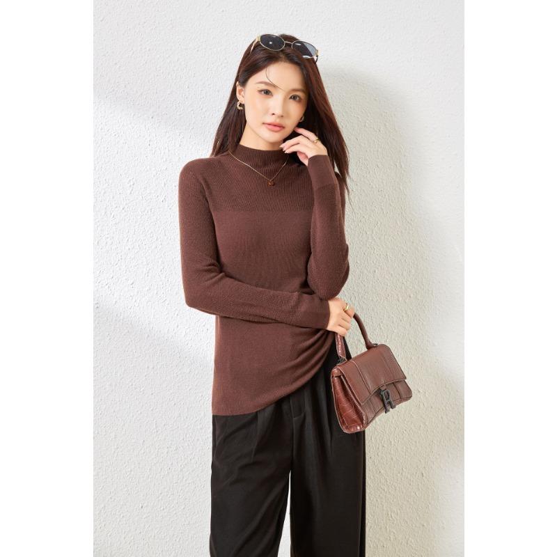 Early Autumn New Micro-transparent Thin Semi-turtleneck Knitted Sweater Silk Wool Blended Bottom with Long-sleeved Top