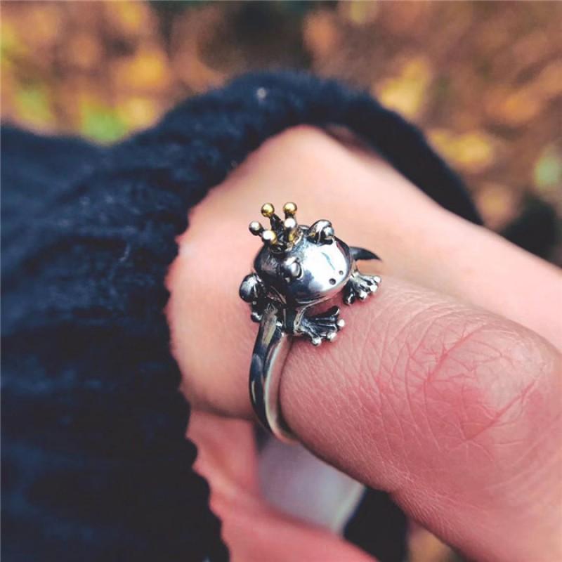Adjustable Open Ring Men Women Sterling Crown Frog Design Vintage Artisan Jewelry