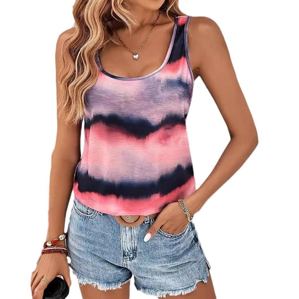 Women's Vest Multi-color Printed Sleeveless U-neck Loose Fashion Trendy Striped Vest