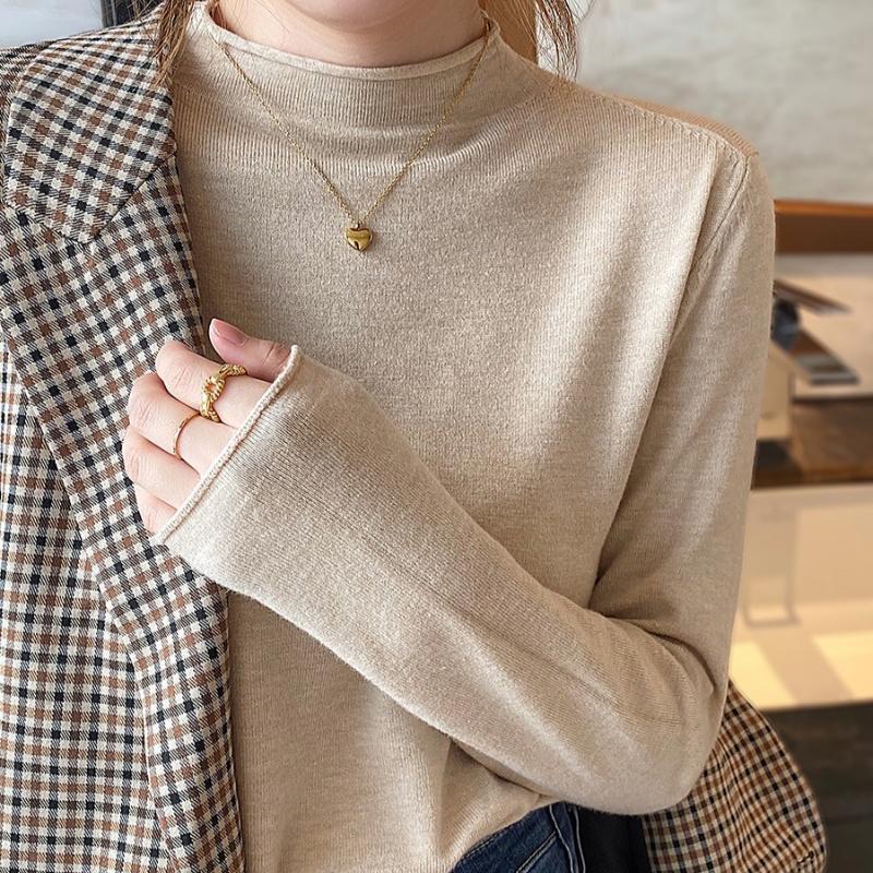 Høst Tynn Underdel Ensfarget Basis Pullover Genser for Kvinner Vinter Langermet Halvhøy Hals Strikkede Gensere Damer Elegant Casual Strikkeplagg 24843