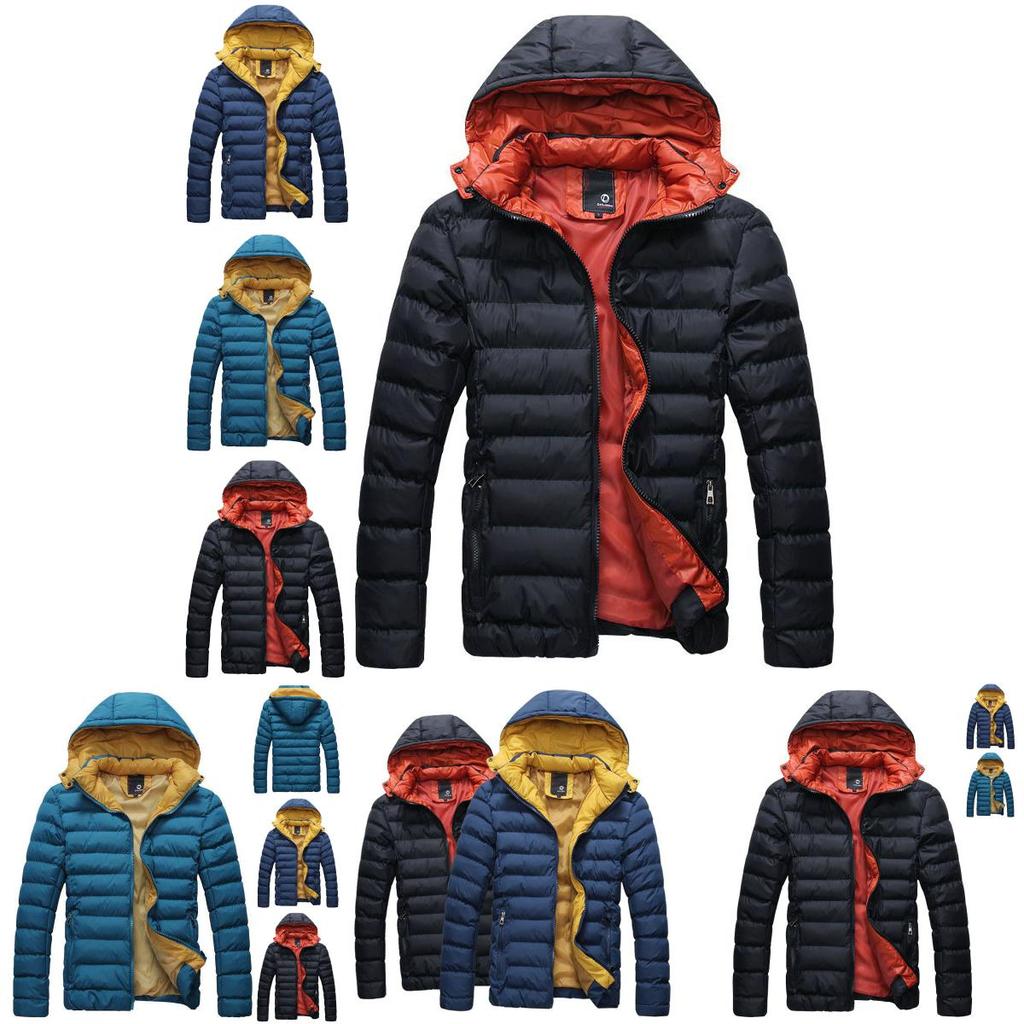 Men's Winter Warm Hooded Thick Padded Jacket With Stylish Stand Collar And Zipper Pockets
