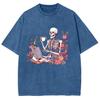 Fashion Trend Style Skull Tea Print Women's T-Shirt Washed Denim Loose Short Sleeves Summer Spot Basics Tees