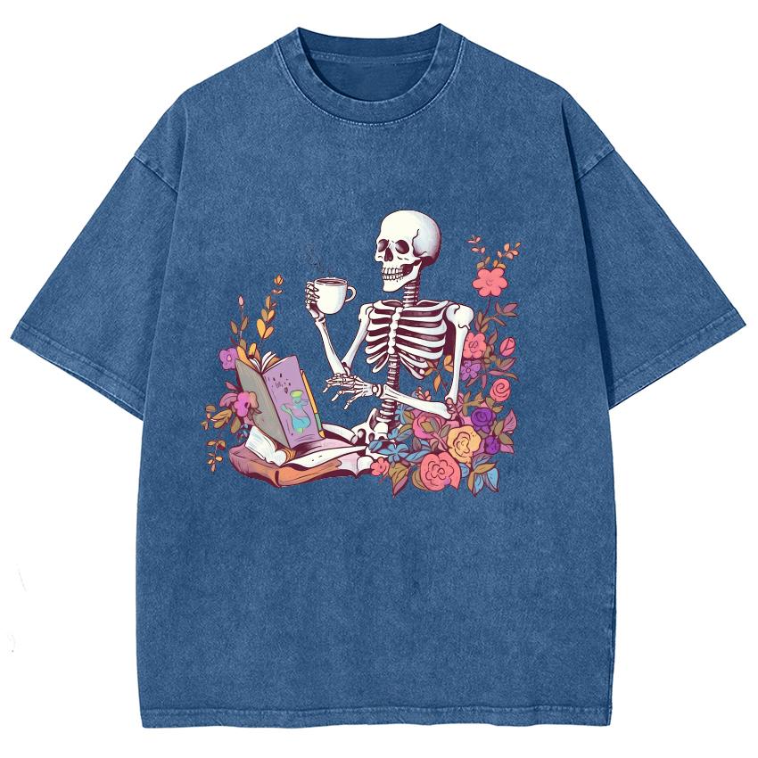 Fashion Trend Style Skull Tea Print Women's T-Shirt Washed Denim Loose Short Sleeves Summer Spot Basics Tees