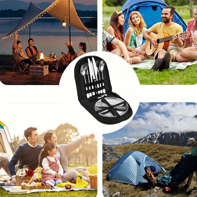 Stainless Steel Outdoor Cutlery Set with BBQ Plate, Tongs, Camping Knife, Fork, Spoon, and Portable Storage Bag
