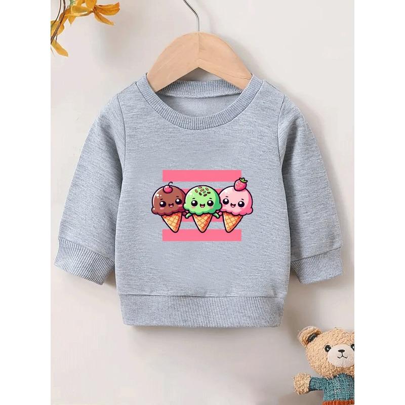 European Sizes Cute Ice Cream Print Kids' Spring Thin Round Neck Sweatshirt 0-3 Years Comfortable Design Suitable for Outdoor Wear