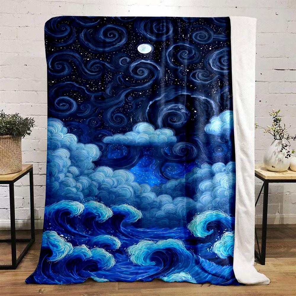 Swirling Patterns of Waves, Clouds, and a Starry Night Sky with a Moon. for All Seasons Blanket Lunch Break Throw Gift