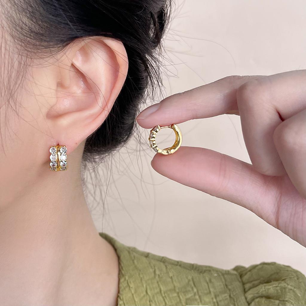 Korean Simple Double Zircon Copper Metal Hoop Earrings For Woman Exquisite Small Circle Earring Ladies Party Accessories