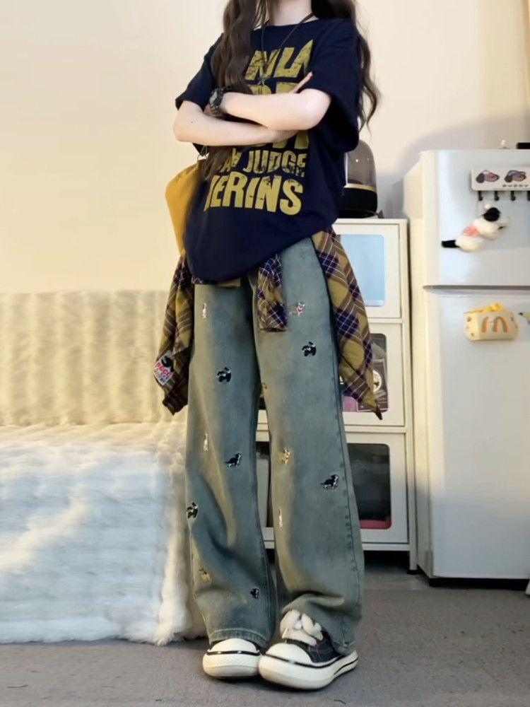 Women's High Waist Retro Puppy Embroidered Wide Leg Jeans